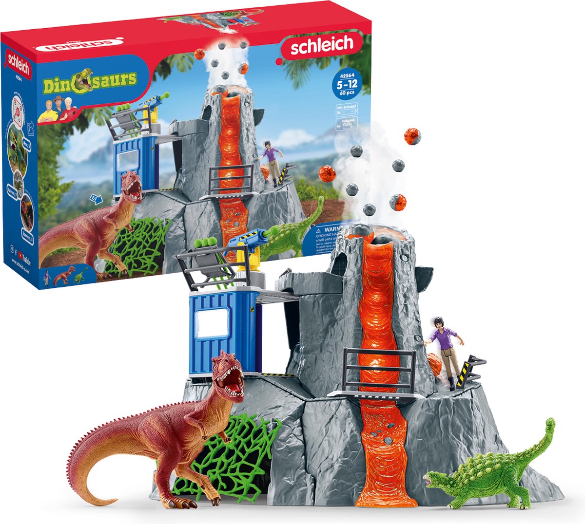 Schleich Dinosaurier – Die große Vulkanexpedition – Dino-Spielzeug – Kinderspielzeug – Dino-Spielzeug – T-Rex, Ankylosaurus und ausbrechender Vulkan – 36 Teile