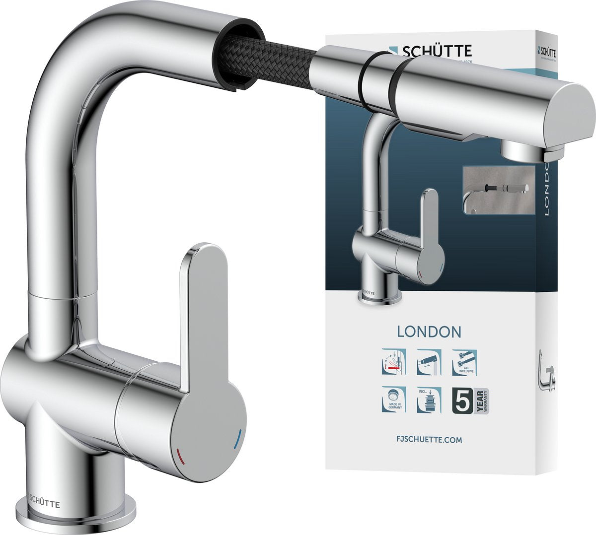 Schütte Washbeer Mixer mit ausgedehnbarem Ausgang London Chrom -gelenkt