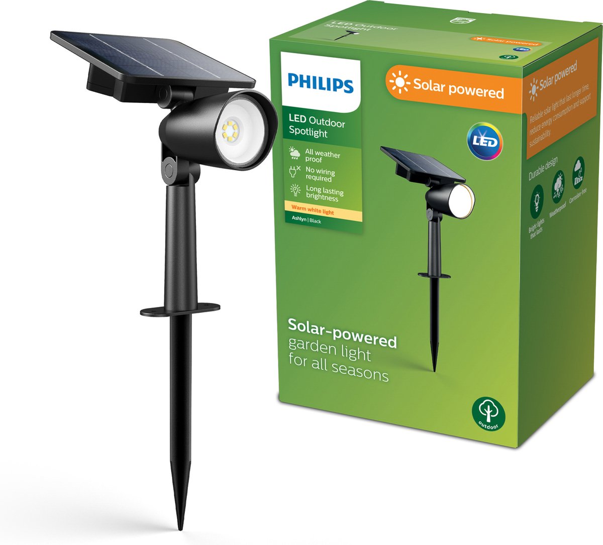 Philips led philips ashlyn sokkellamp met spies - solar buitenlamp - warm wit licht 2700k - zwart - schemersensor - zonne-energie