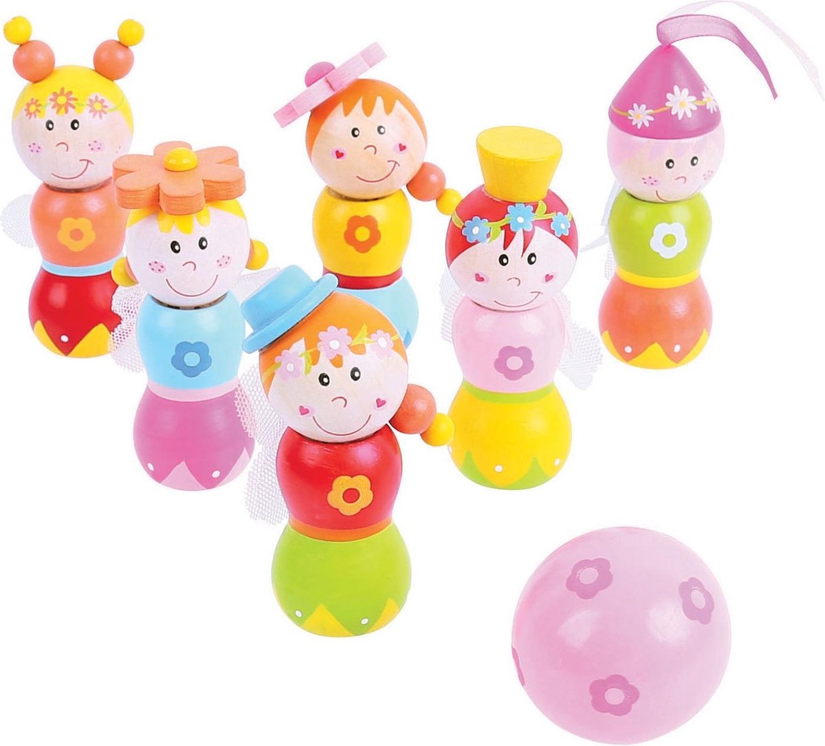 Bigjigs Holz-Bowling-Set Prinzessinnen, 7-teilig.