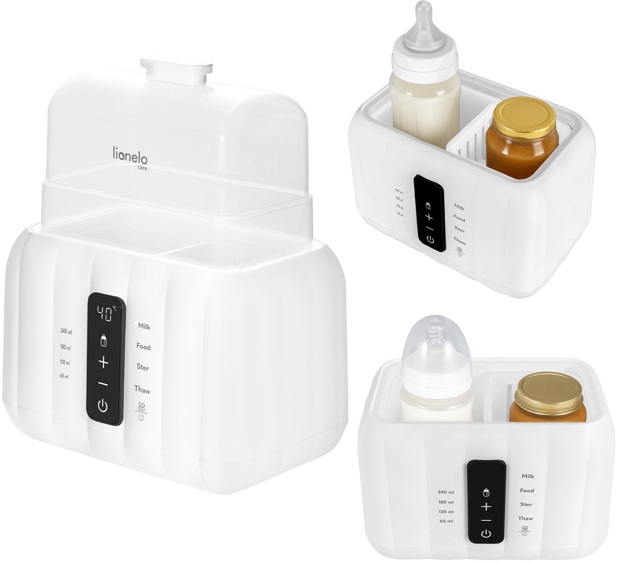 Lionelo thermup duo – Doppelter Flaschenwärmer-Sterilisator 6-in-1 – für zwei Flaschen oder Gläser – intelligente Temperaturregelung – Auftauen, Erhitzen, Sterilisieren – BPA-frei – Touch-Steuerung