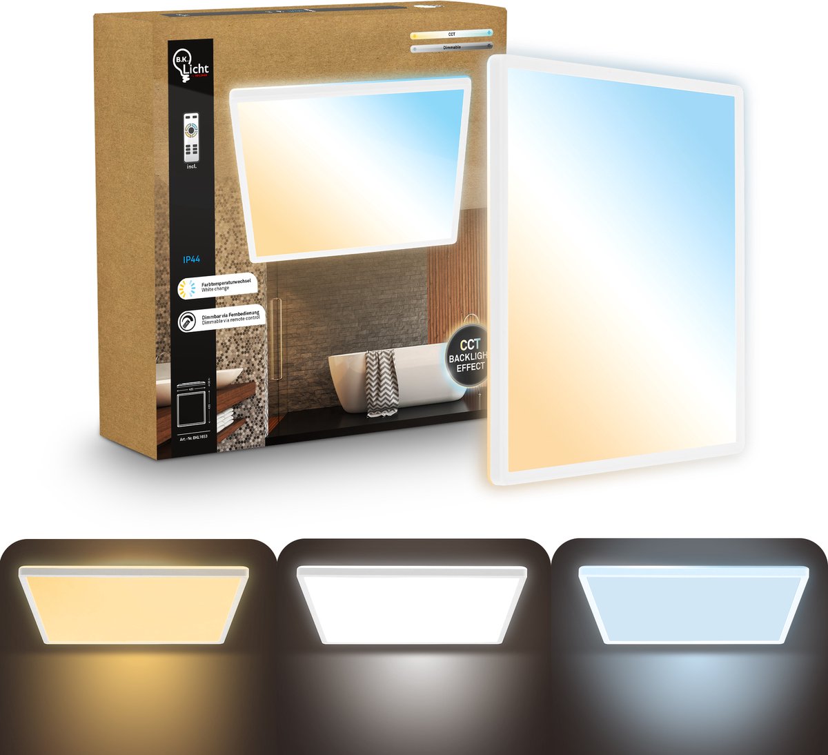 B.K.licht flach - Dimmbare Badezimmerlampe Deckenlampe - Deckenlampe mit Fernbedienung - Badezimmerbeleuchtung mit CCT - IP44 - 42 x 42 cm - Weiß