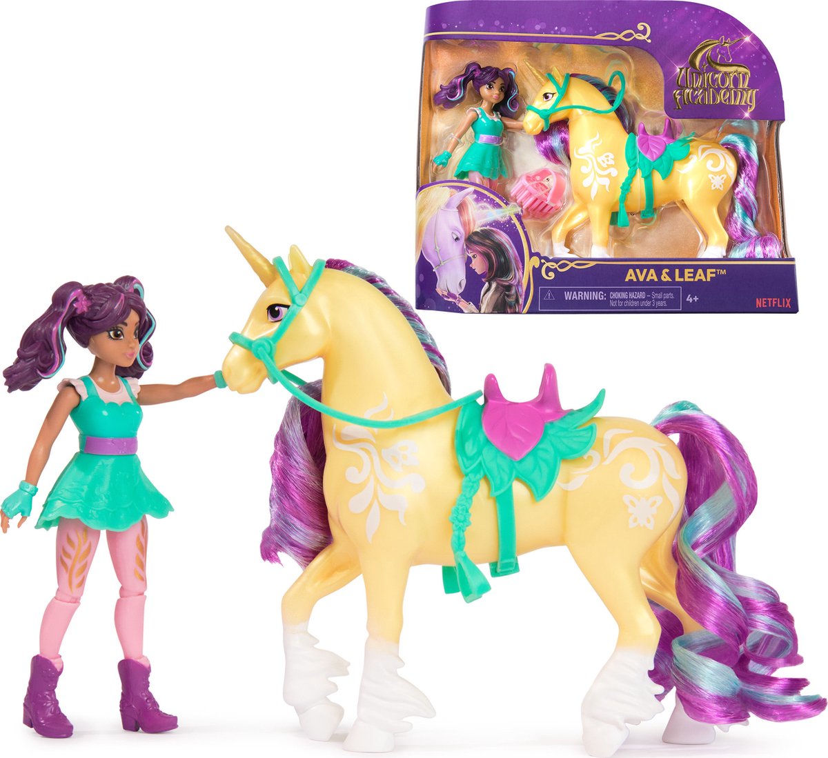 Einhorn-Akademie-Puppe Ava Einhornblatt – mit 2 Reitzubehör und Bürste – 12,7 cm – Spielfiguren-Set