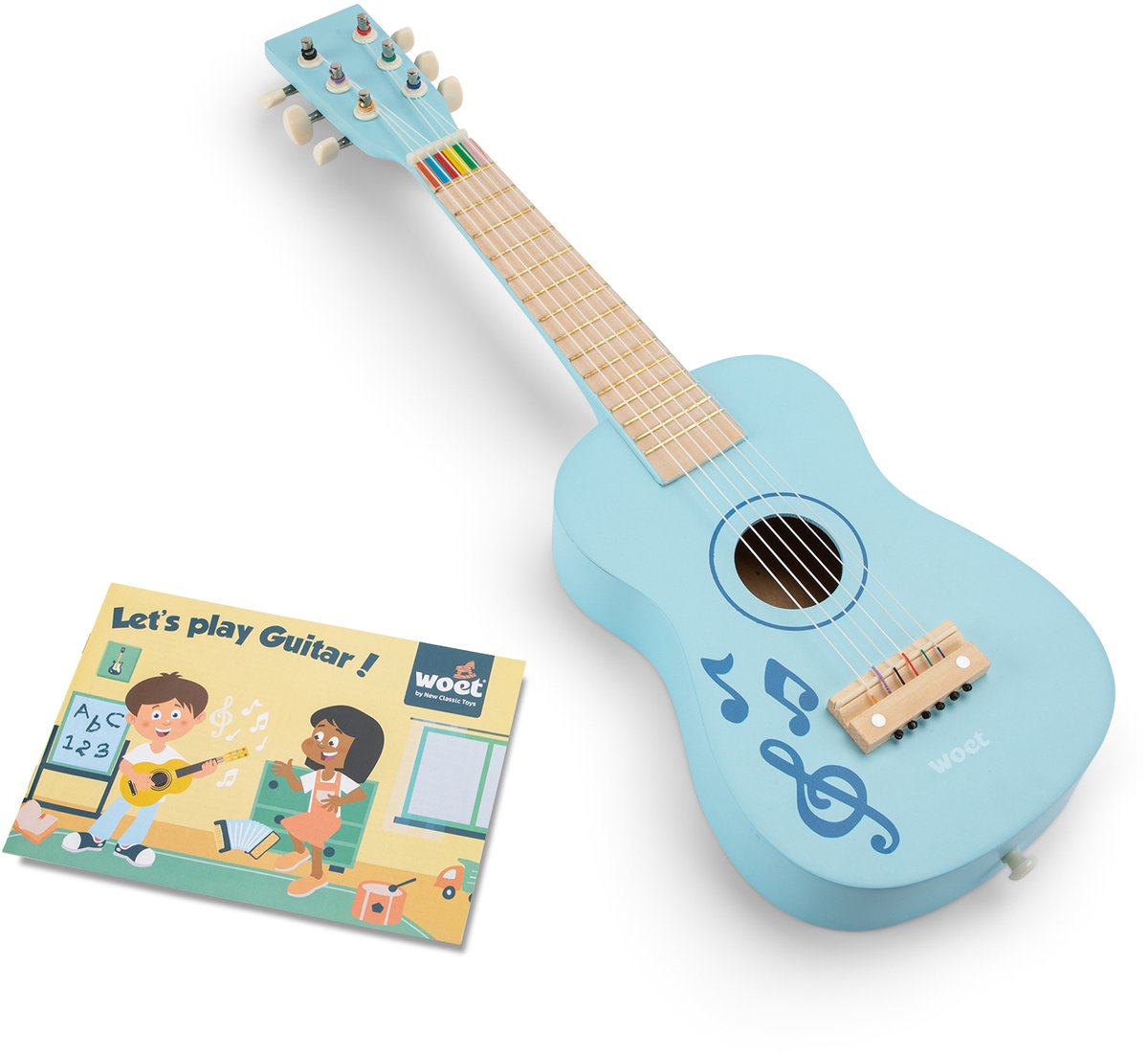 Woet ® houten speelgoedgitaar met draagriem - blauw met muzieknoten - speelgoedinstrument - mijn eerste gitaar inclusief muziekboekje - speelgitaar voor kinderen - vanaf 3 jaar