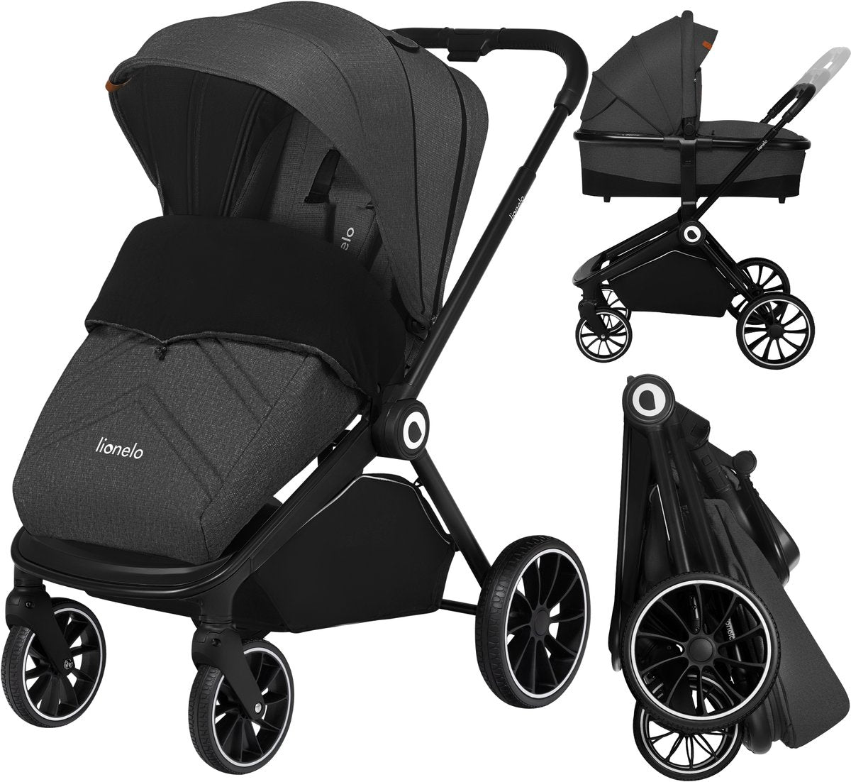 Lionelo Mika 2in1 Kinderwagen – Kinderwagen-Babywanne – wendbarer Sitz – kompakt zusammenklappbar mit Sitz – XXL wasserdichtes Verdeck UPF50+ – verstellbare Rückenlehne, Fußstütze – PU-Räder mit Federung – inklusive Zubehör-Set bis 22 kg