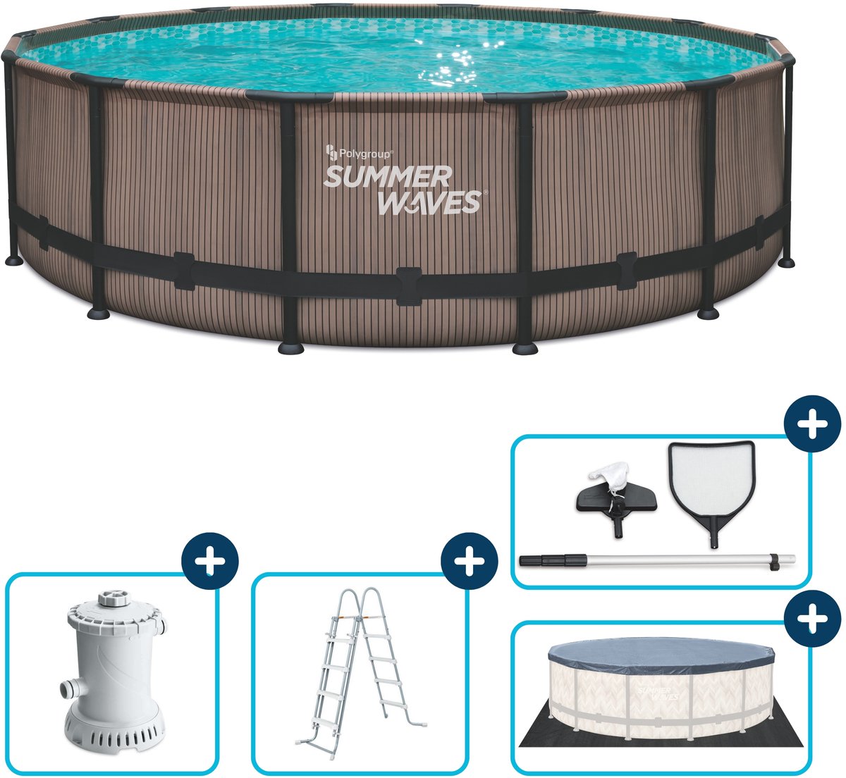 Summer Waves Rahmenpool rund – ⌀427 x 107 cm – Schwimmbäder – inklusive Filterpumpe – Poolpumpe – Filterkartusche – Leiter – Abdeckung – Bodentuch – Wartungsset