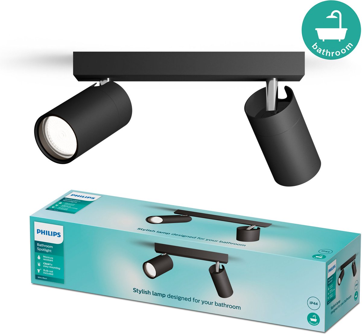 Philips led philips idris spot - spatwaterdicht ip44 - 5w - zwart - badkamerlamp - twee lichtpunten - alleen geschikt voor led spots