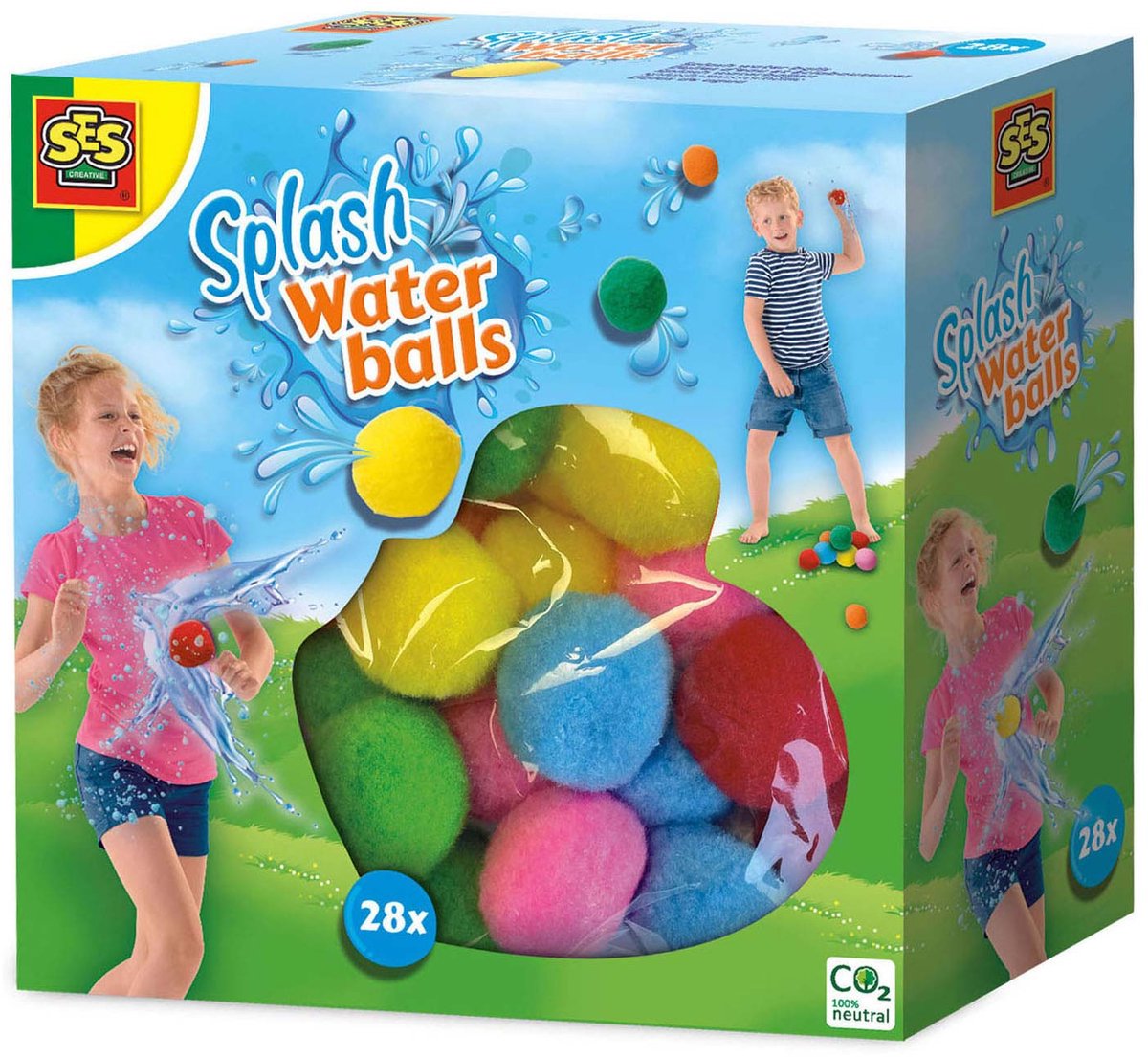 Ses Creative Ses – Spritzwasserbälle – wiederverwendbare Wasserballons – trocken und nass verwendbar – fröhliche Farben – 28 Bälle pro Set – Wasserballon-Alternative – Sommerspiel im Freien – Poolspielzeug