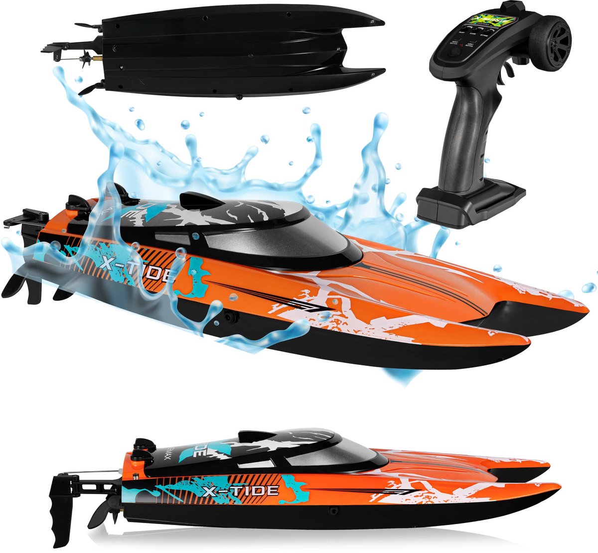 Overmax x-tide – RC-Boot – 25 km h – 2x Akku 34 Min. Spielzeit – Motorboot – Schnellboot – Wasserkühlung – automatische Rotation – intelligenter Wasserstart – Alarmsystem – Trimmgeschwindigkeitskontrolle – Demo-Modus – 100 m Reichweite – Katamaran-Design