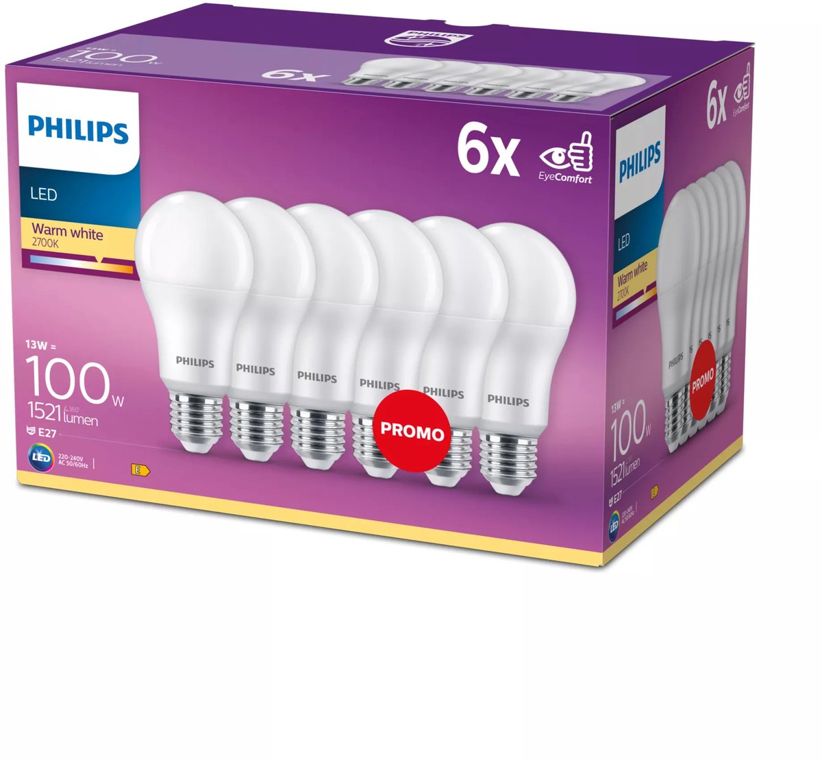 Philips led energiezuinige lamp mat - 100 w - e27 - warmwit licht - 6 stuks - bespaar op energiekosten
