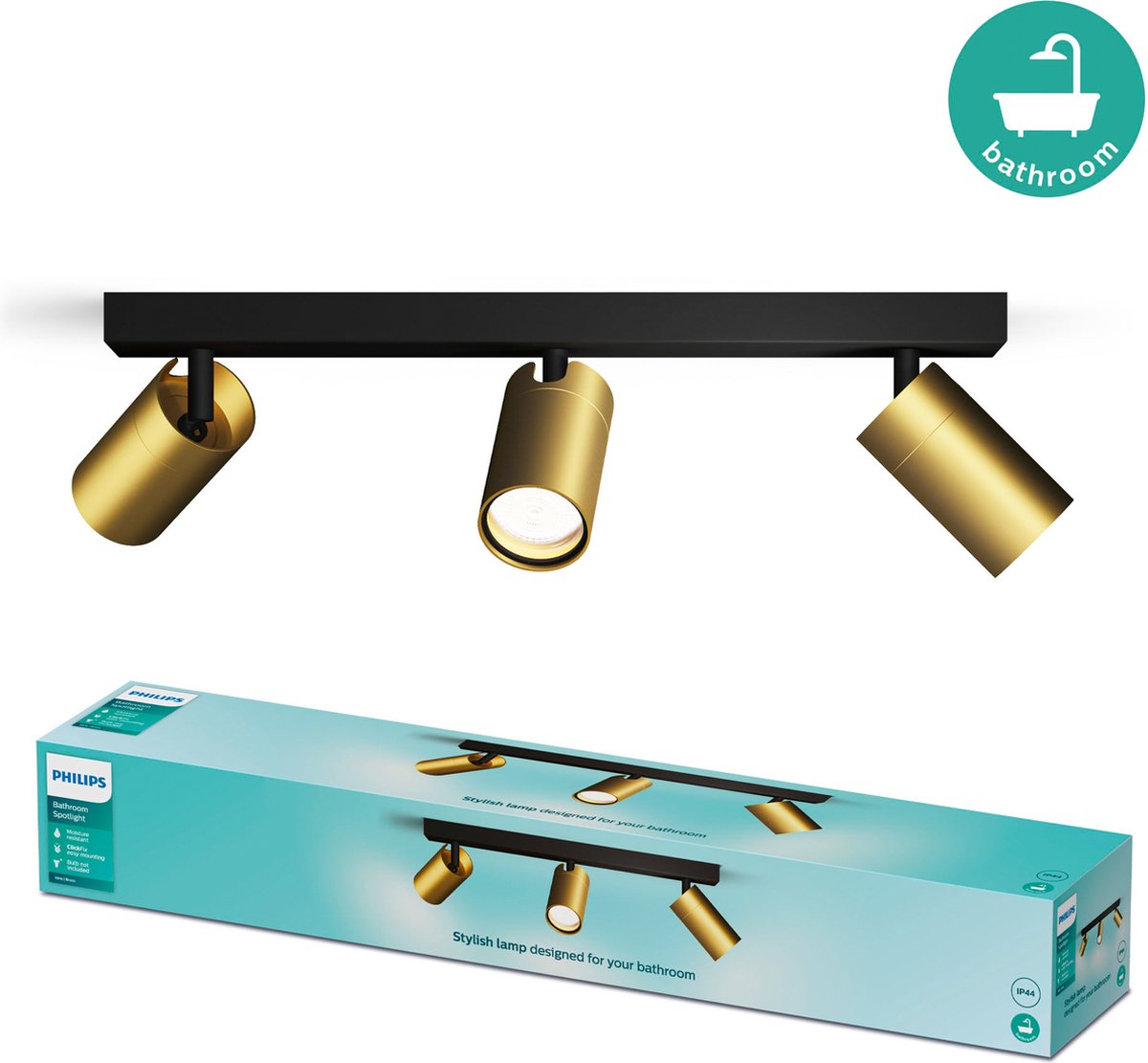 Philips led philips idris spot - plafondspot - spatwaterdicht ip44 - 5w - zwart met goud - badkamerlamp - drie lichtpunten - alleen geschikt voor led spots