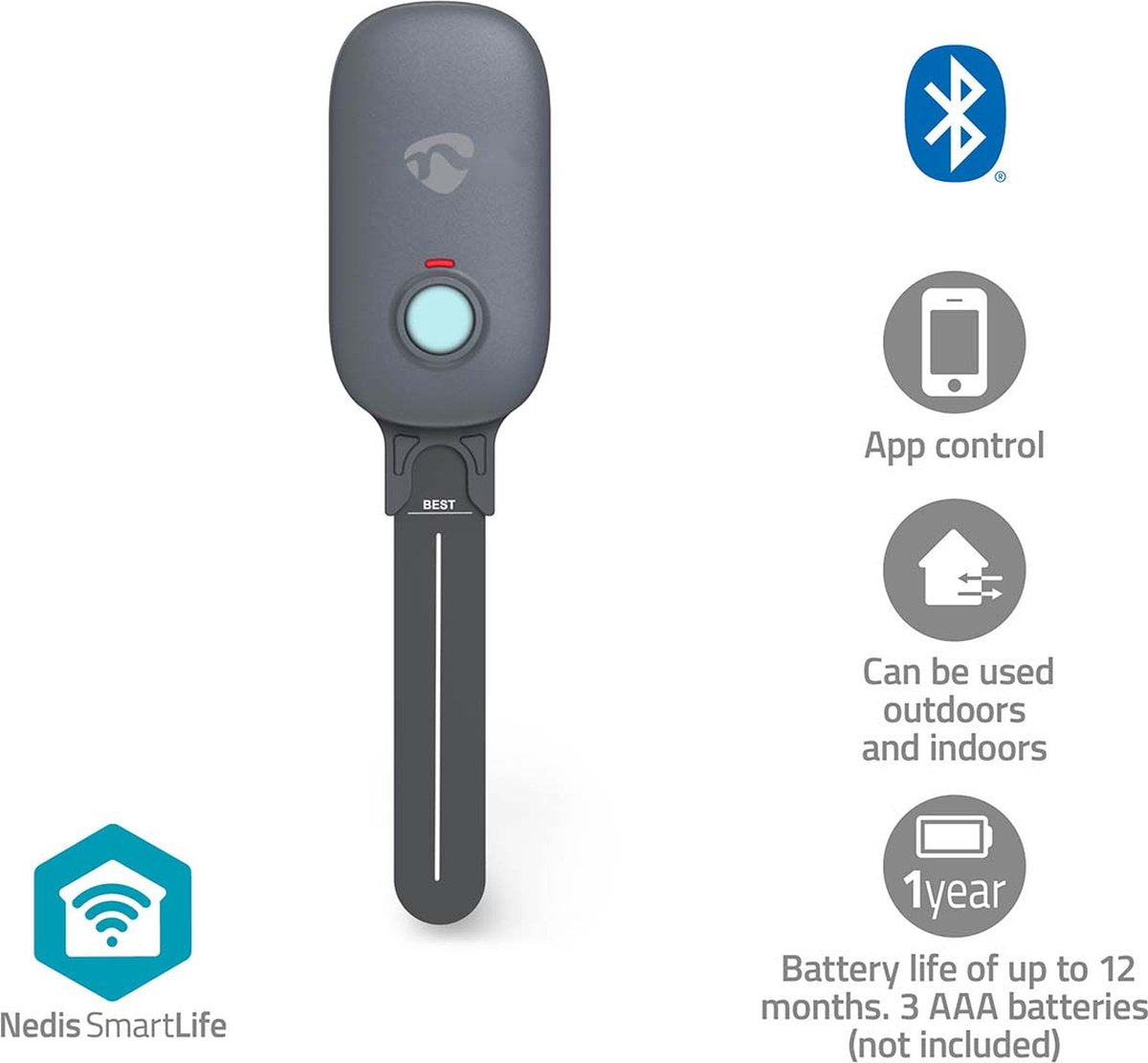 Nedis Smartlife Feuchtigkeitsmessgerät – Bluetooth – IP55 – App-Steuerung – für Pflanzen – Weiß