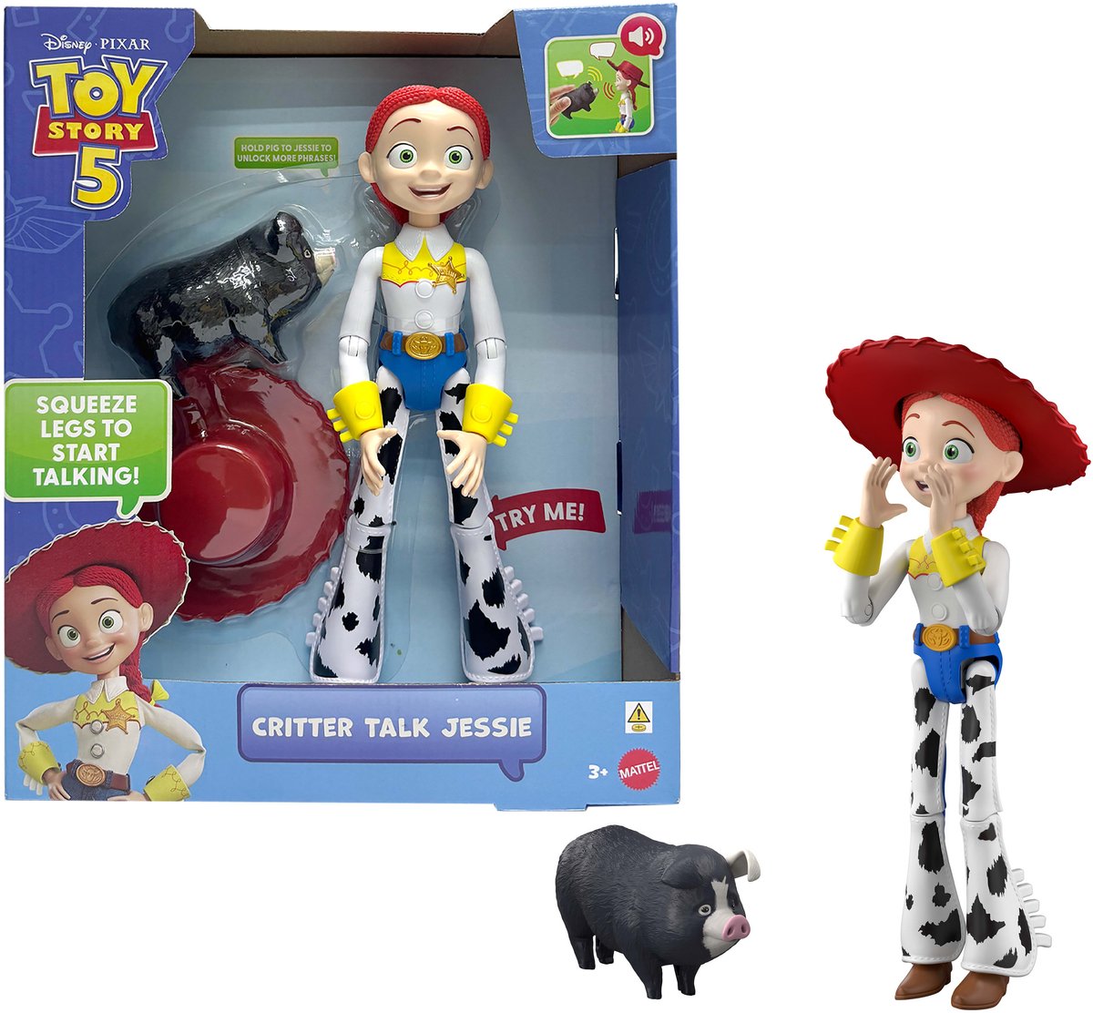 Mattel Disney und Pixar Toy Story 5 Animal Talk Jessie – 30 cm große Actionfigur und JD-Schwein mit 35 Geräuschen – Französisch