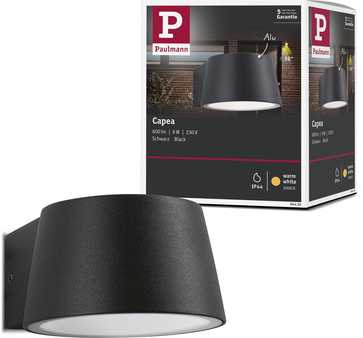Paulmann Outdoor LED Wandleuchte Capea IP44 96x128 mm 3000k 6w 500lm 230v 98° Anthrazit Aluminium