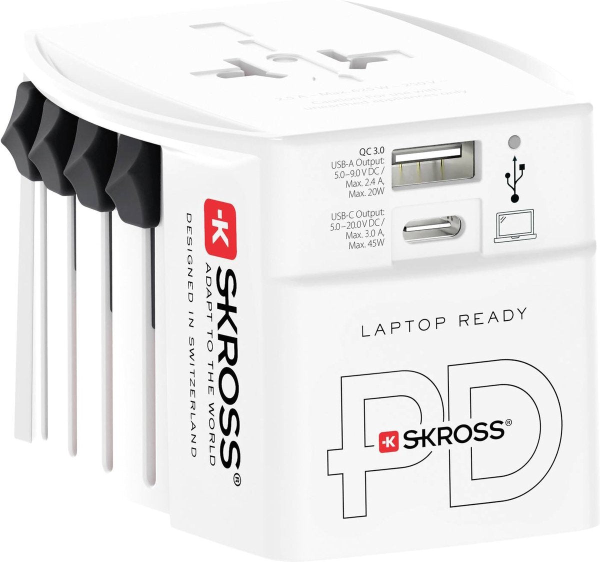 Skross – Weltreiseadapter außer Pro 2-polig + 1 USB-Schnellladegerät + 1 Typ C 2500 mA weiß