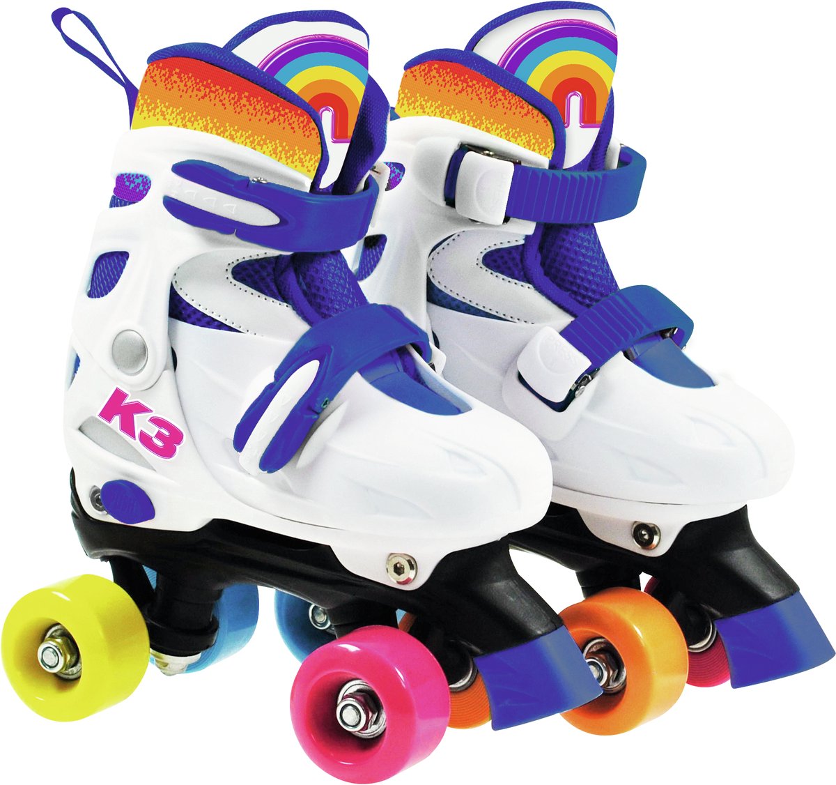 K3 - Rollschuhe - Größe 30 33 - in 4 Größen verstellbar - mit Stopper - Weiß - Regenbogen - mit Rollen in 4 Farben
