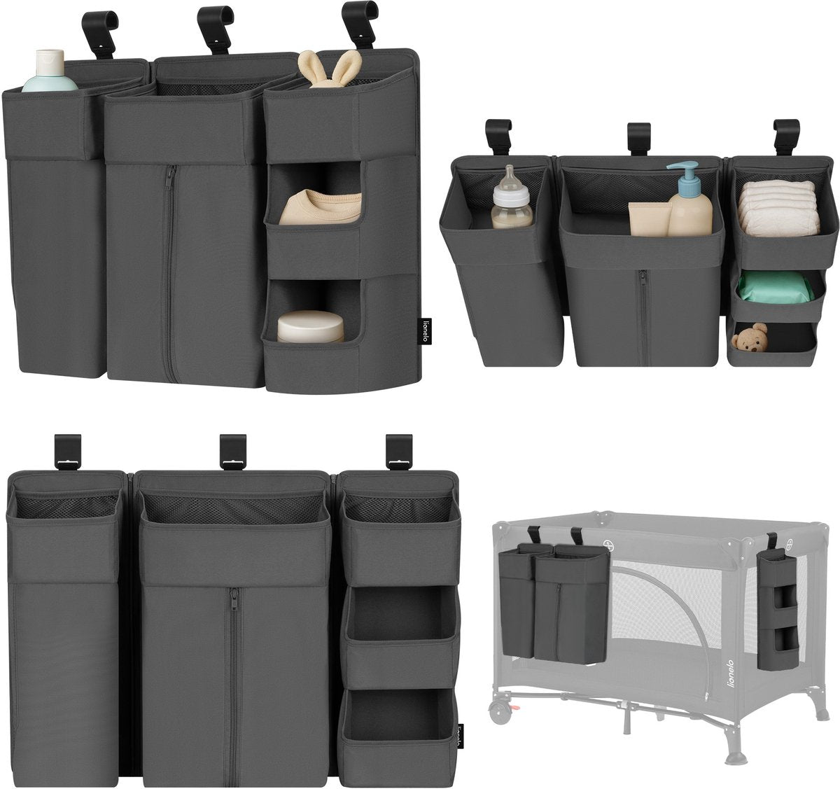 Lionelo Seitentasche groß – Nachttischtasche, Kinderbett-Organizer 58×11×58 cm – 3-teiliges modulares Design mit Reißverschlusstasche – für Reisebett, Beistellbox – verstärkt, multifunktional herausnehmbar – Windeln, Feuchttücher-Zubehör