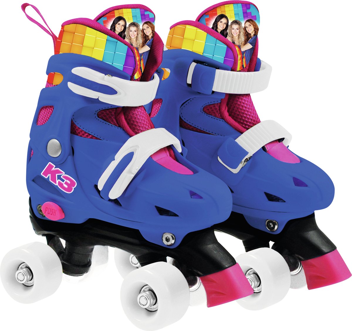 K3 - Rollschuhe - Größe 34 37 - in 4 Größen verstellbar - mit Stopper - Weiß - Regenbogen - mit Rollen in 4 Farben