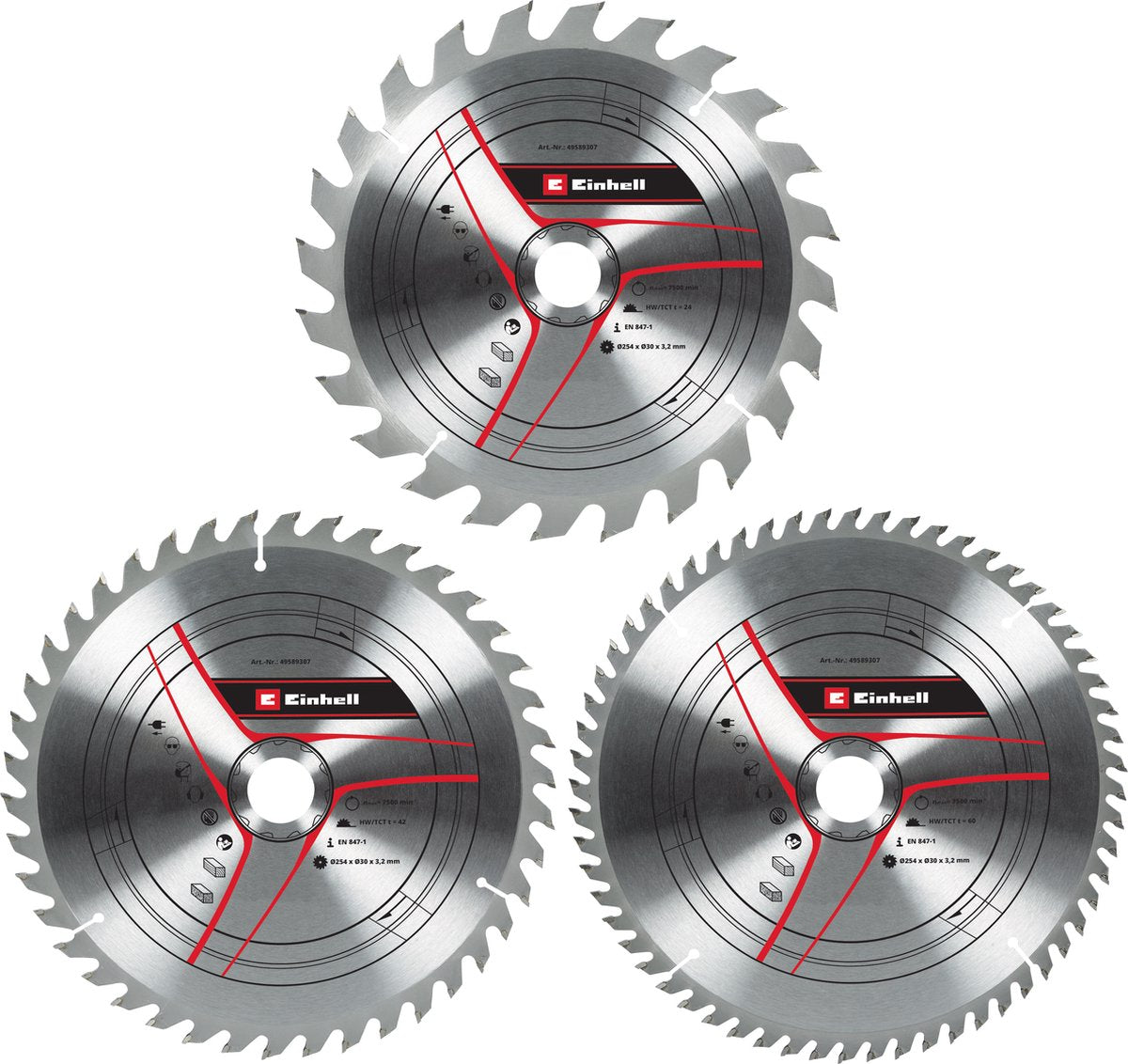 Einhell Hartmetall-TCT-Sägeblatt-Set – 3-teilig – ø254 x 30 x 3,2 mm – 24 42 60 Zähne