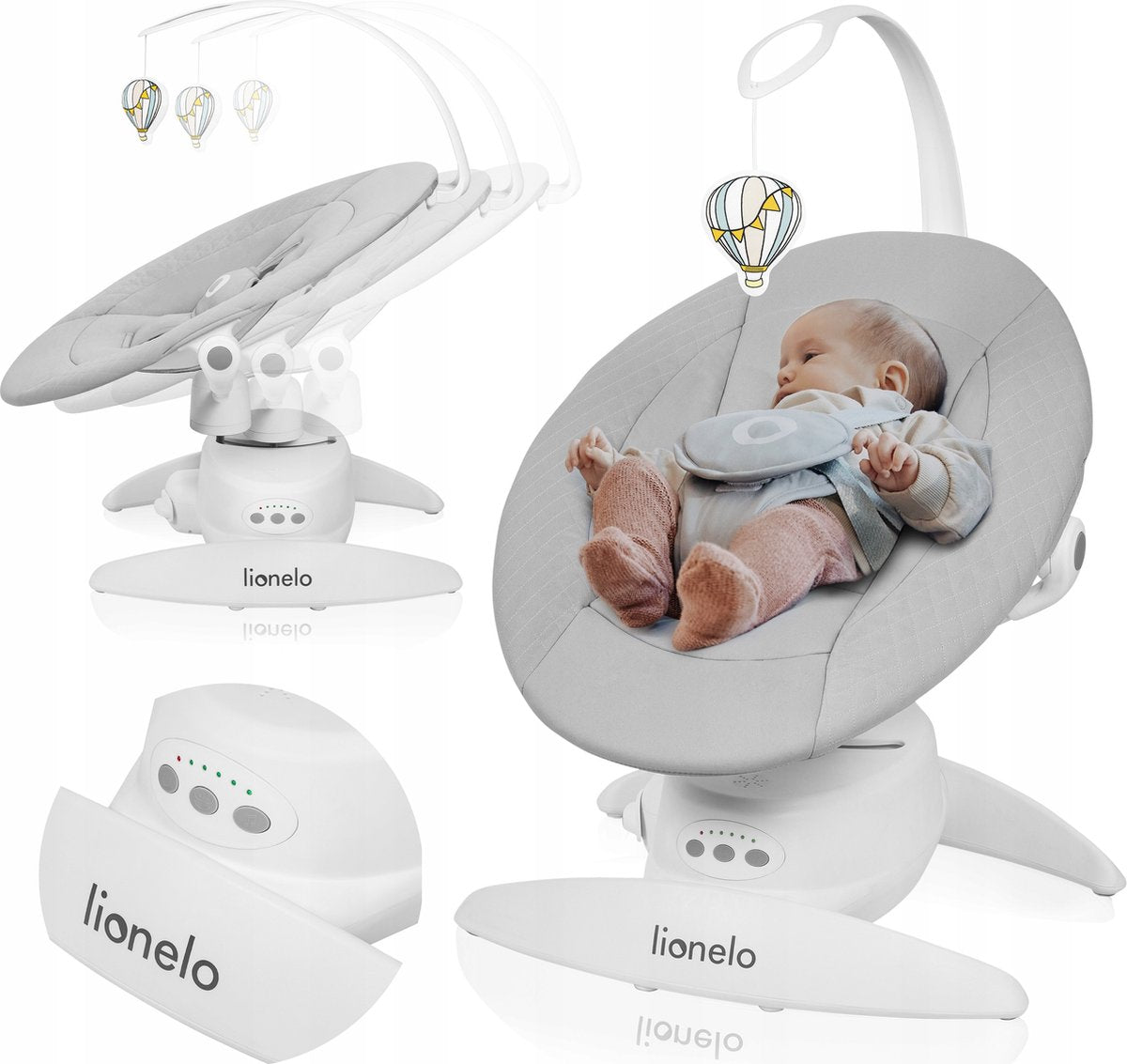 Lionelo Iris Premium Babyschaukel – 360° drehbarer Sitz – 3 Rückenpositionen – 3 Schaukelbewegungen – 5 Geschwindigkeitsstufen – 12 Melodien – Spielbogen – waschbare Polsterung – bis 9 kg – Babyschaukelstuhlwippe