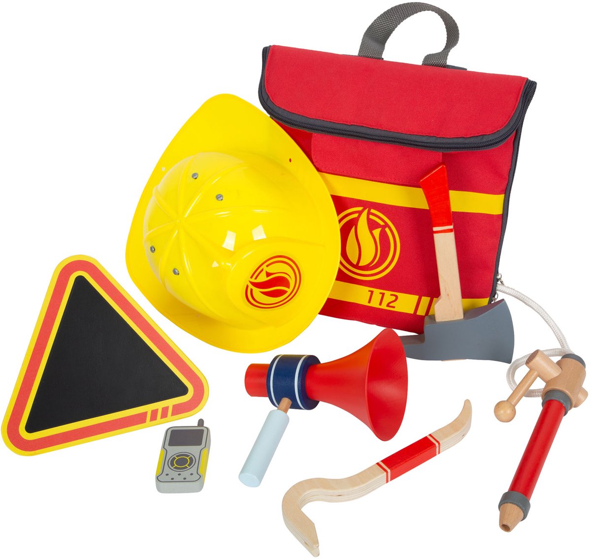 Small Foot - Feuerwehrrucksack mit Feuerwehr-Attributen aus Holz, 8-teilig.