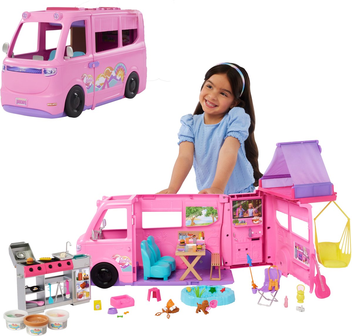 Barbie Dream Camper – Spielset mit Dachzelt, Grill und mehr als 60 Zubehörteilen