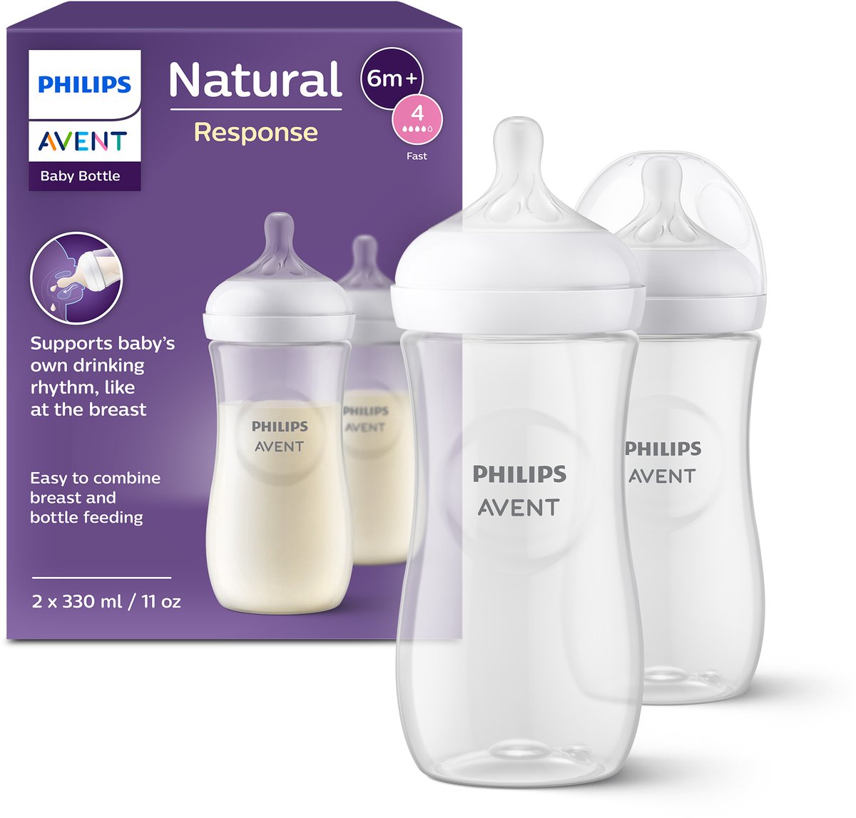 Philips Avent Natural Response Babyflaschen 330 ml – Durchfluss 4 – 2 Flaschen – SCY906 02