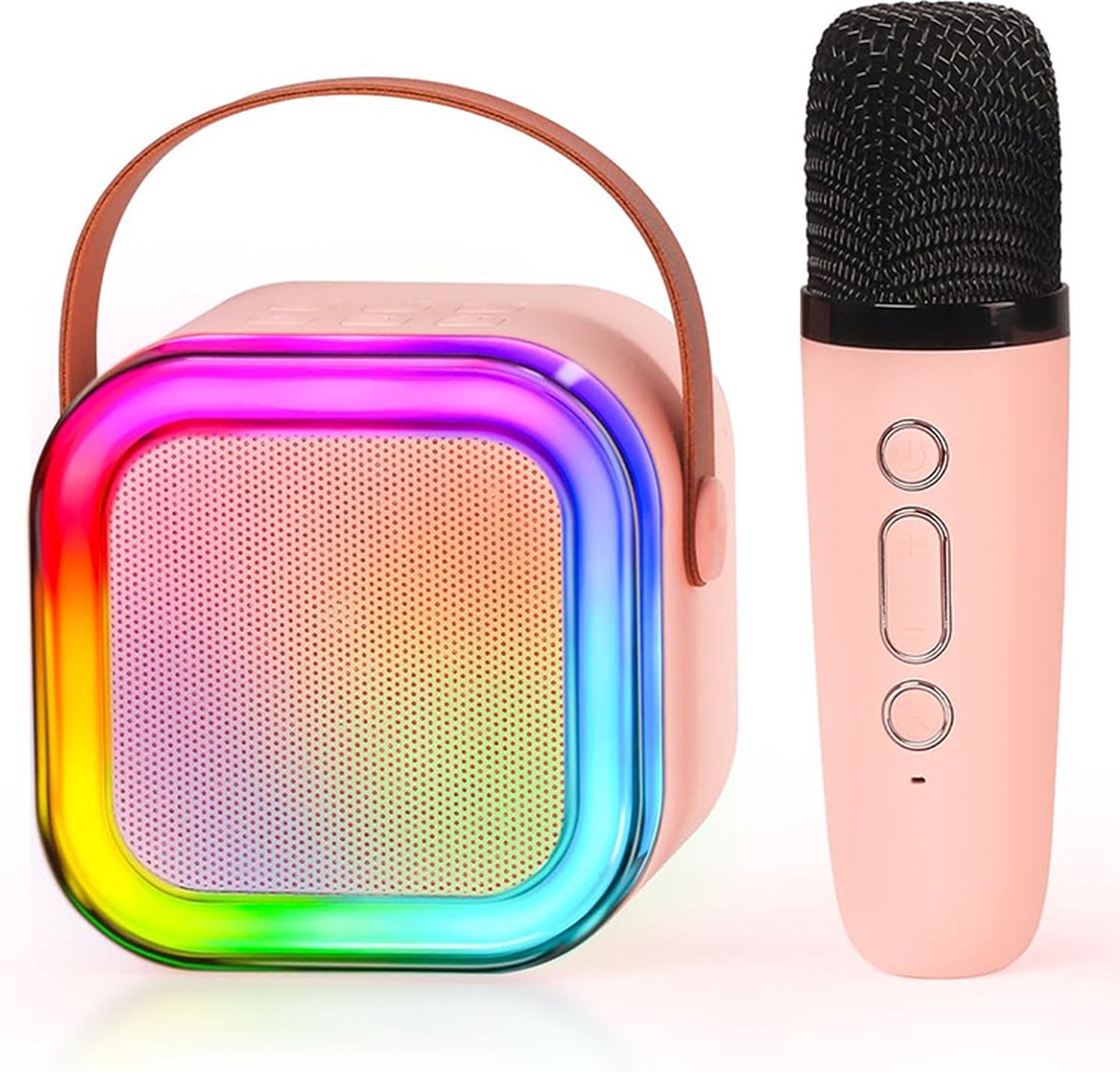 Woegel Karaoke-Set a3-LED – mit Bluetooth, TF-Karte und Sprachwechsler – wiederaufladbarer Akku – kabelloses Mikro – für Kinder – Pink