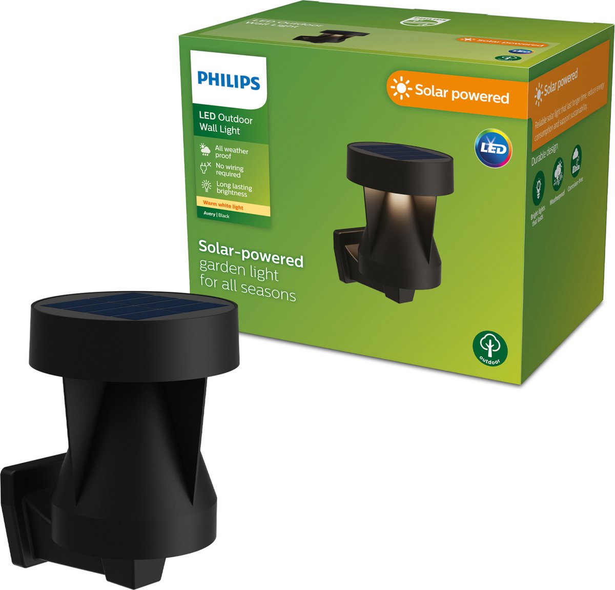 Philips led philips avery wandlamp - solar buitenlamp - warm wit licht; 2700k - zwart - zonne-energie