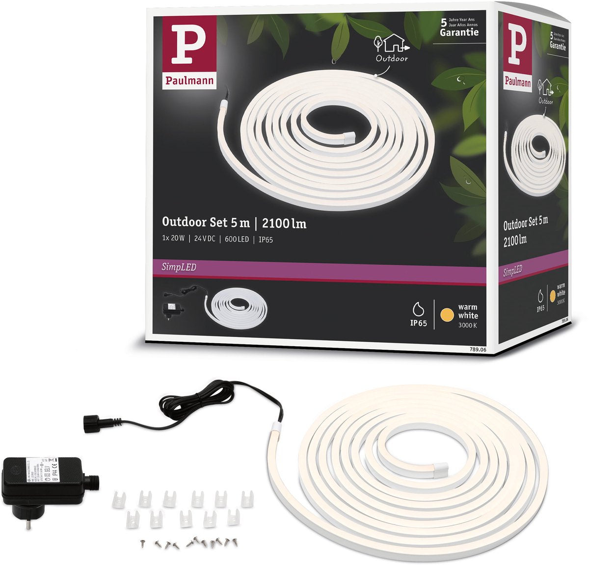 Paulmann Simpled Outdoor LED-Streifen 5 Meter warmweiß - Plug-Play-Set - 20W - 24V - Weiß - Kunststoff
