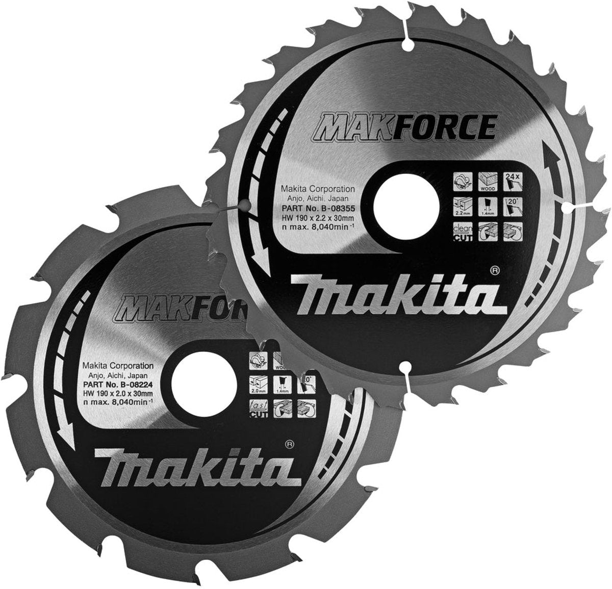 Makita Kreissägeblatt-Set für Holz | makforce | ø 190mm Achsloch 30mm 12t 24t - b-49367