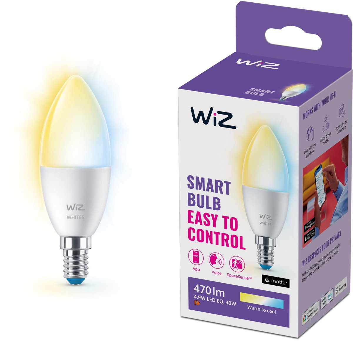 Wiz-Kerzenlampe – warmes bis kühles weißes Licht – intelligente LED-Beleuchtung – E14-Fassung – 40 W – matt – WLAN