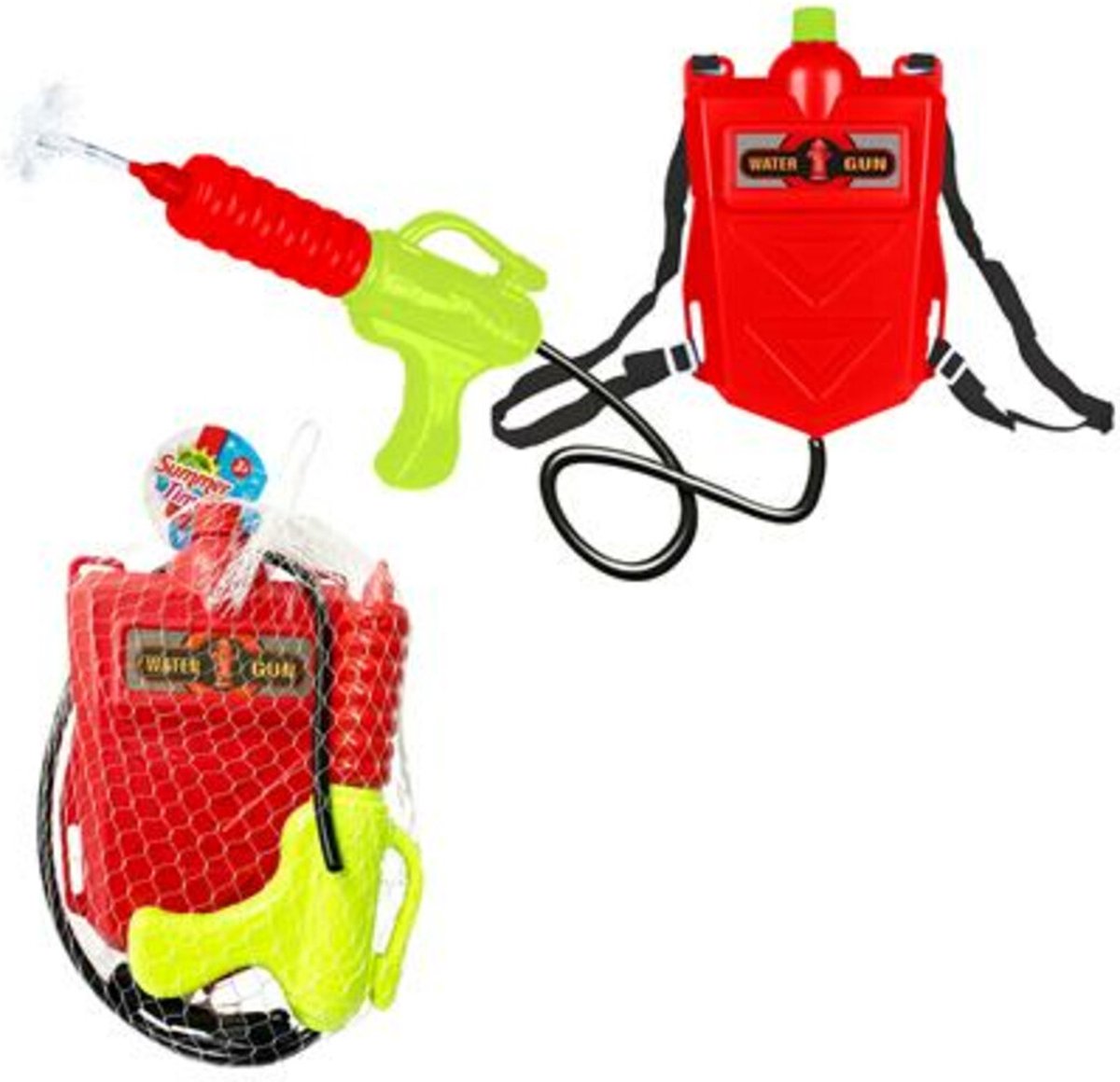Sommerliche Feuerwehr-Wasserpistole mit Rucksackbehälter