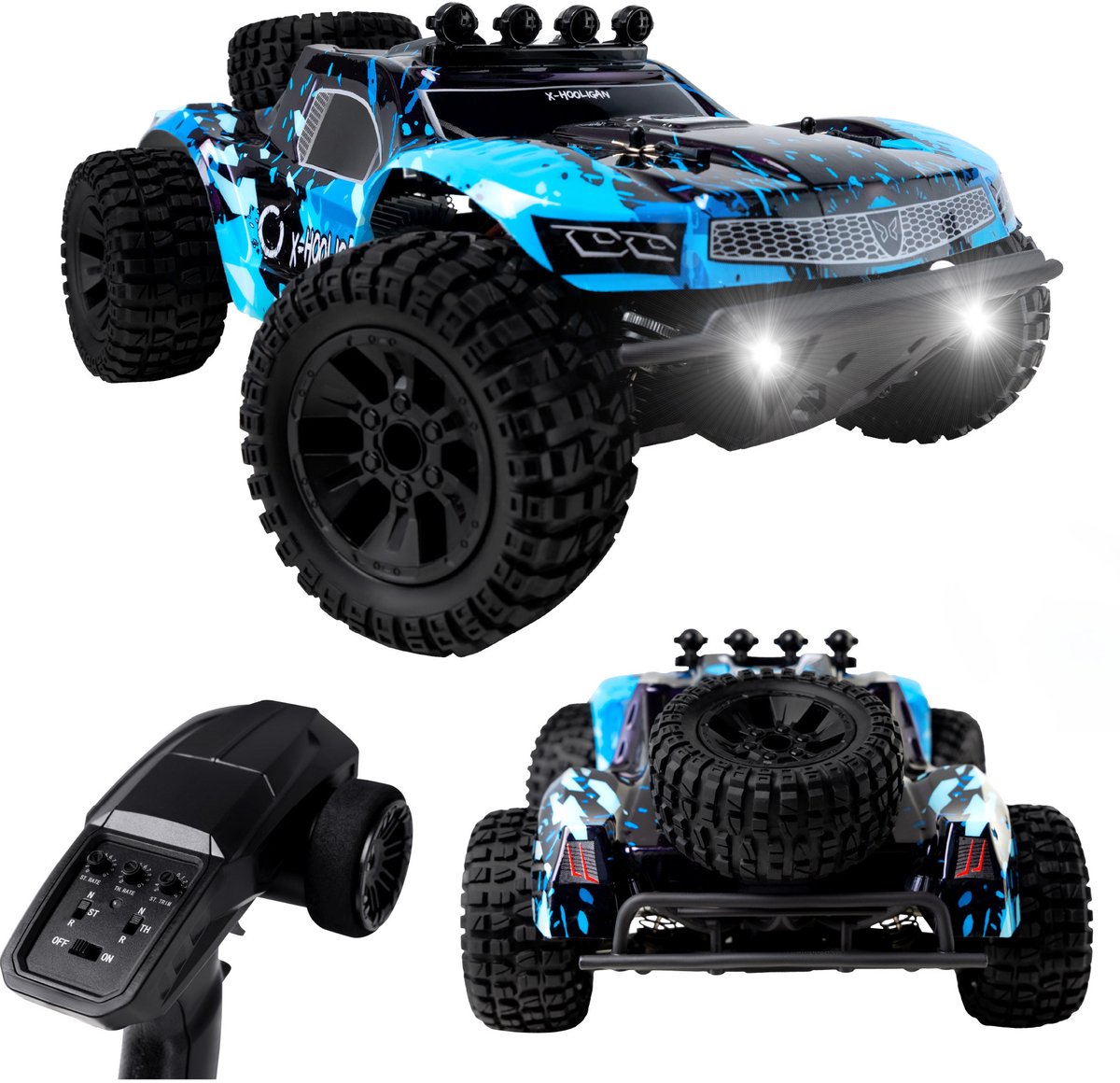 Overmax Hooligan – steuerbares Auto – Allradantrieb – 35 km/h – geländegängig – Maßstab 1:10 – 40 Minuten Spaß – Reichweite bis zu 100 Meter – 2 wiederaufladbare Batterien – Renn-Offroad-RC-Auto für Erwachsene und Kinder – ferngesteuertes Auto für draußen