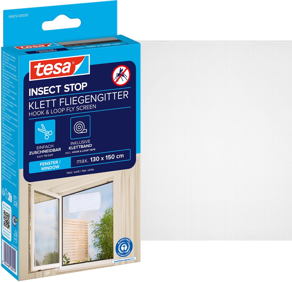 Tesa Insect Stop H L Fliegengitter für Fenster – Insektenschutz mit Klettverschluss, zuschneidbar, ohne Bohren – 1 Netz – 130 x 150 cm – weiß (leichter Sichtschutz)