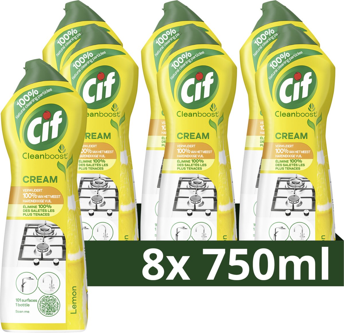 Cif - cleanboost schuurmiddel - cream citroen - 100% natuurlijke bestanddelen, 1 product voor 101 oppervlakken - 8 flessen x 750 ml