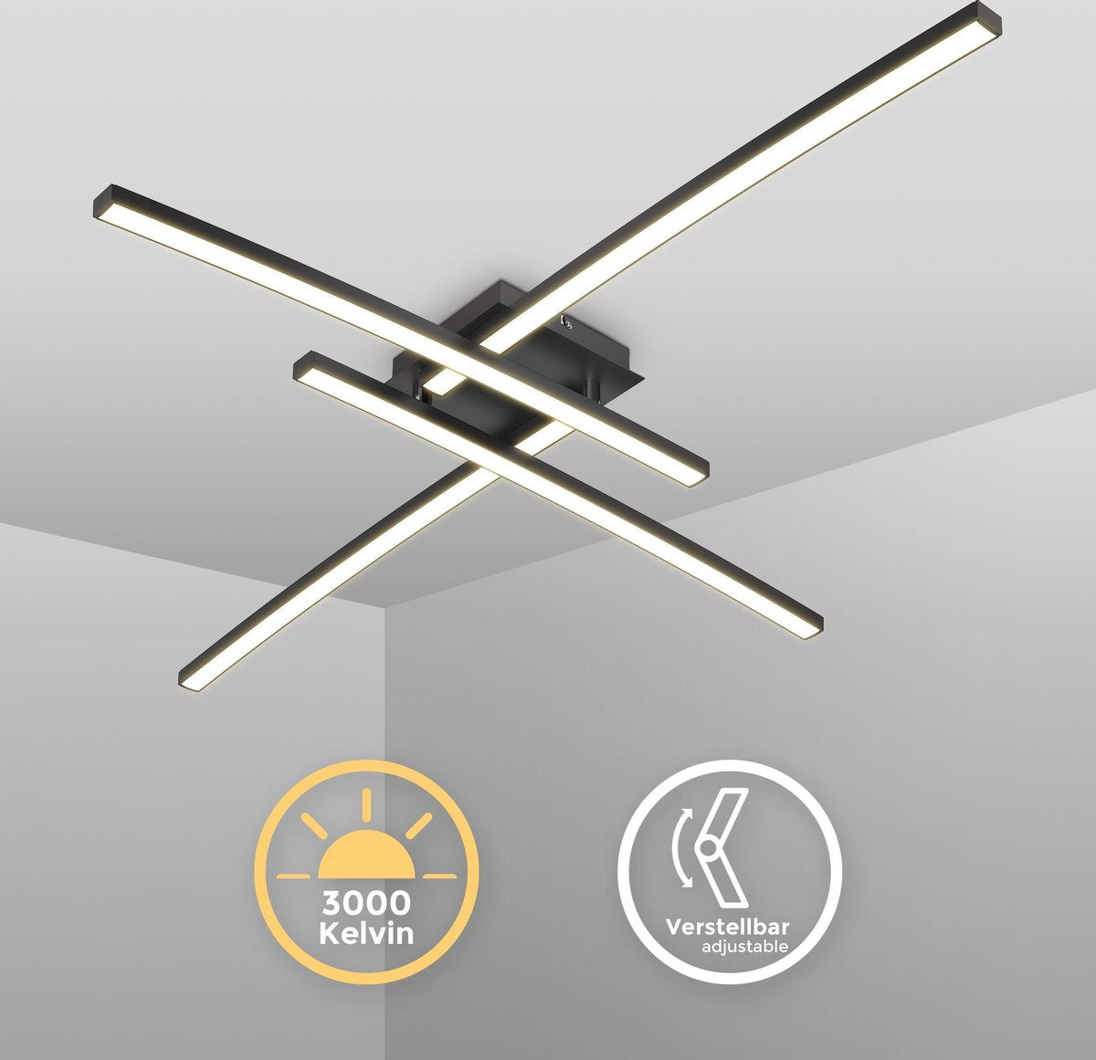 B.K.licht – LED-Deckenleuchte – schwarze Deckenlampe – drehbarer Stab – Wohnzimmerlampe mit warmweißem Licht 3.000 K – 2.200 lm – 20 W