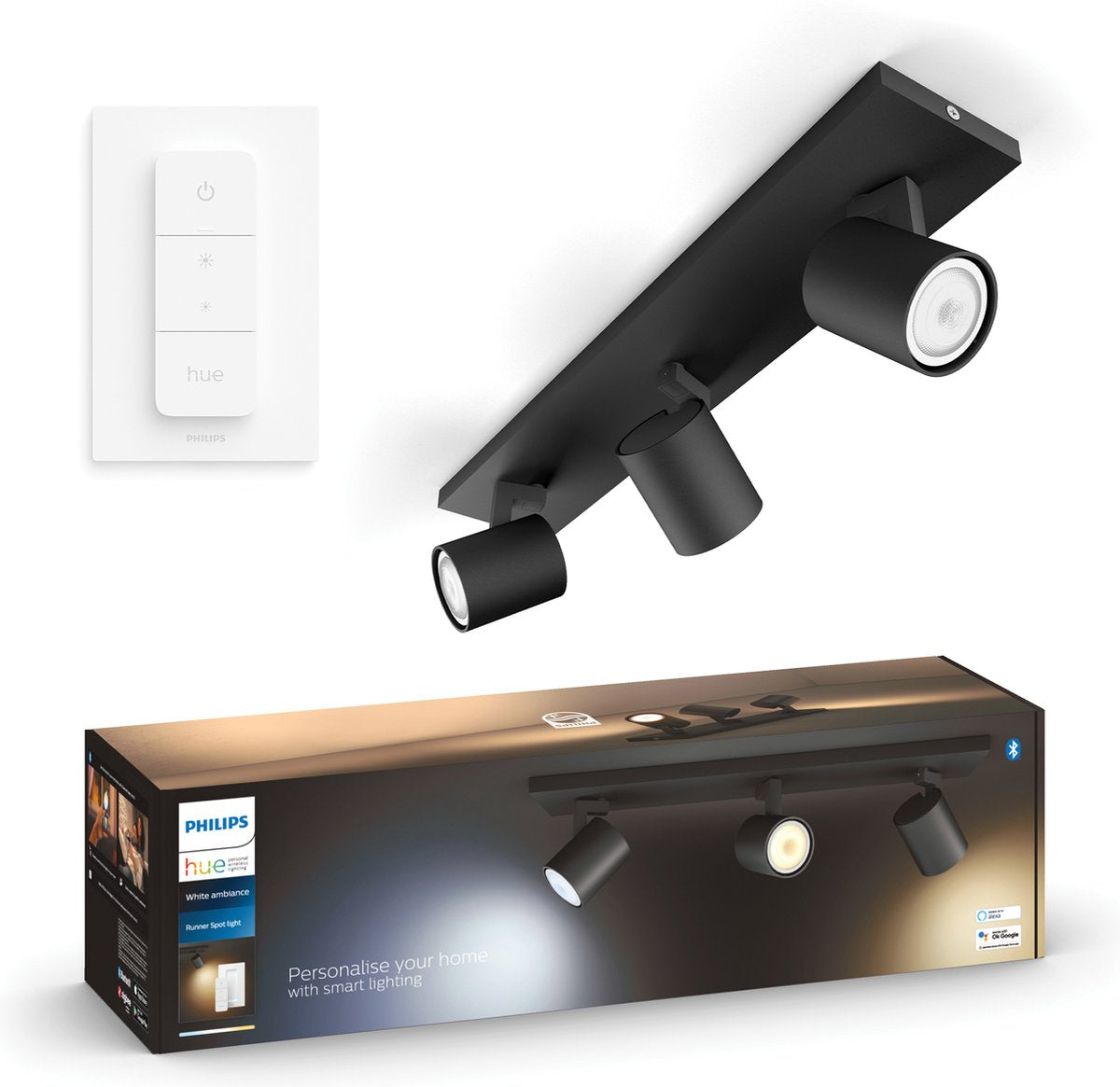 Philips hue runner opbouwspot - warm- tot koelwit licht - 3-spots - zwart - 1 dimmer switch