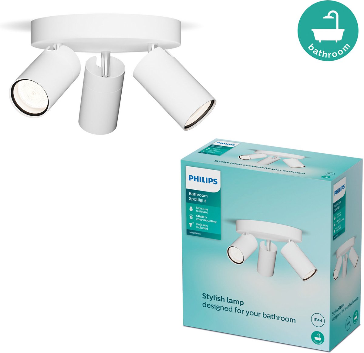 Philips led philips idris spot - plafondspot - spatwaterdicht ip44 - zwart - wit - badkamerlamp - drie lichtpunten - ronde basisplaat - alleen geschikt voor led spots