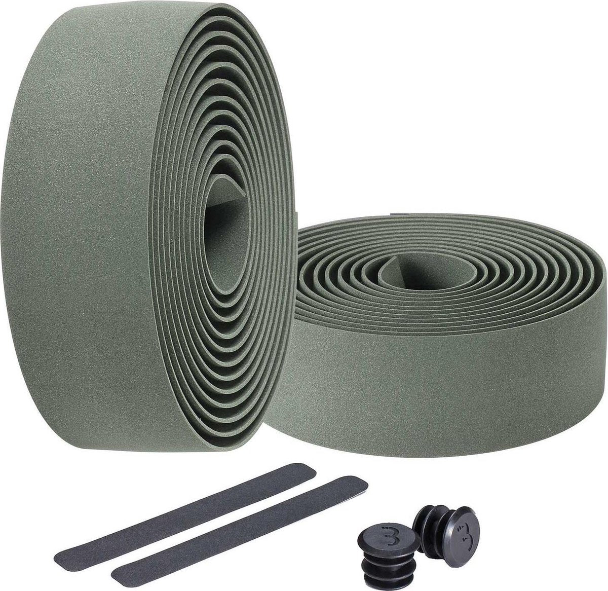 Bbb cycling stuurlint racefiets - zelfklevend stuurtape met stretch materiaal - antislip - lengte: 200cm - dikte: 2mm - inclusief stuurdoppen - olijf groen - raceribbon bht-01