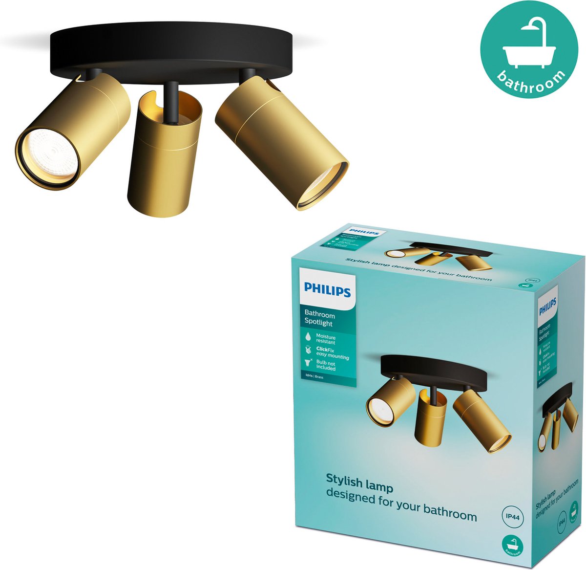 Philips led philips idris spot - plafondspot - spatwaterdicht ip44 - zwart met goud - badkamerlamp - drie lichtpunten - ronde basisplaat - alleen geschikt voor led spots