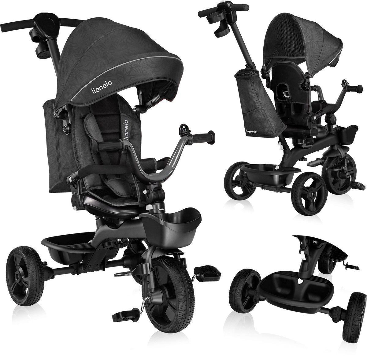Lionelo Kori – Dreirad – Kinderfahrrad 2 in 1 – bis 5 Jahre – ab 9 Monate – sehr leicht – faltbar – bis 25 kg – drehbarer Sitz – verstellbare Schiebestange – sicherer 3-Punkt-Gurt – Freilaufrad und Lenker – verstellbare Markise mit Fenster – grau