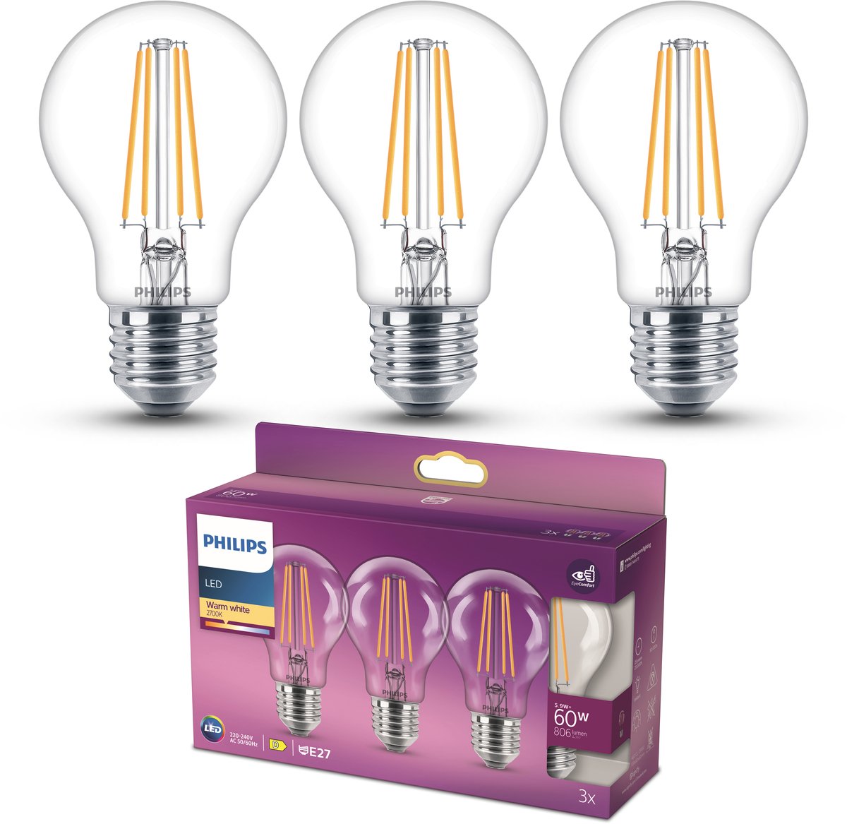 Philips led lamp - standaard lampvorm met e27 fitting - warmwit licht: 2700k - 60w - helder glas - 3-pack