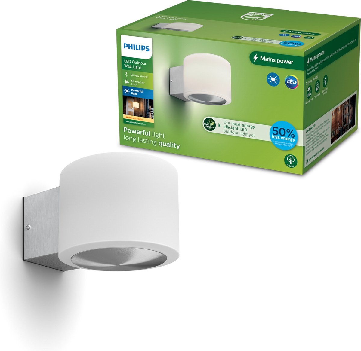 Philips led philips otis wandlamp - ultraefficient led - buitenlamp - 4.3w - warmwit licht; 2700k - roestvast staal - opaal lichtelement
