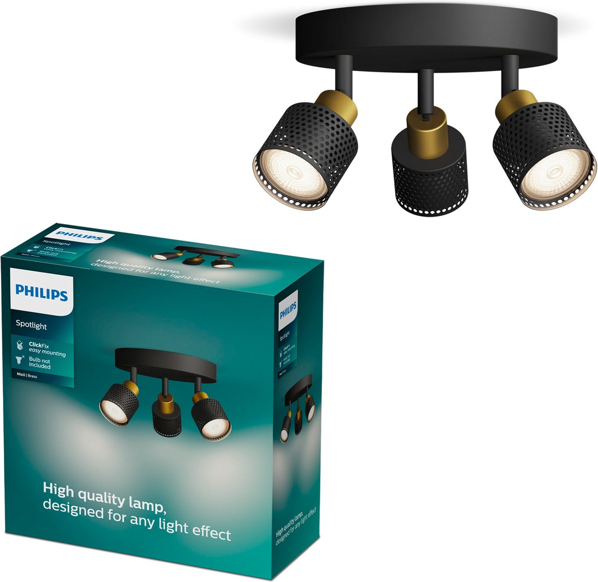 Philips led philips niall spot - plafondspot met drie lichtpunten - zwart met goud design - gu10 led fitting - ronde basisplaat