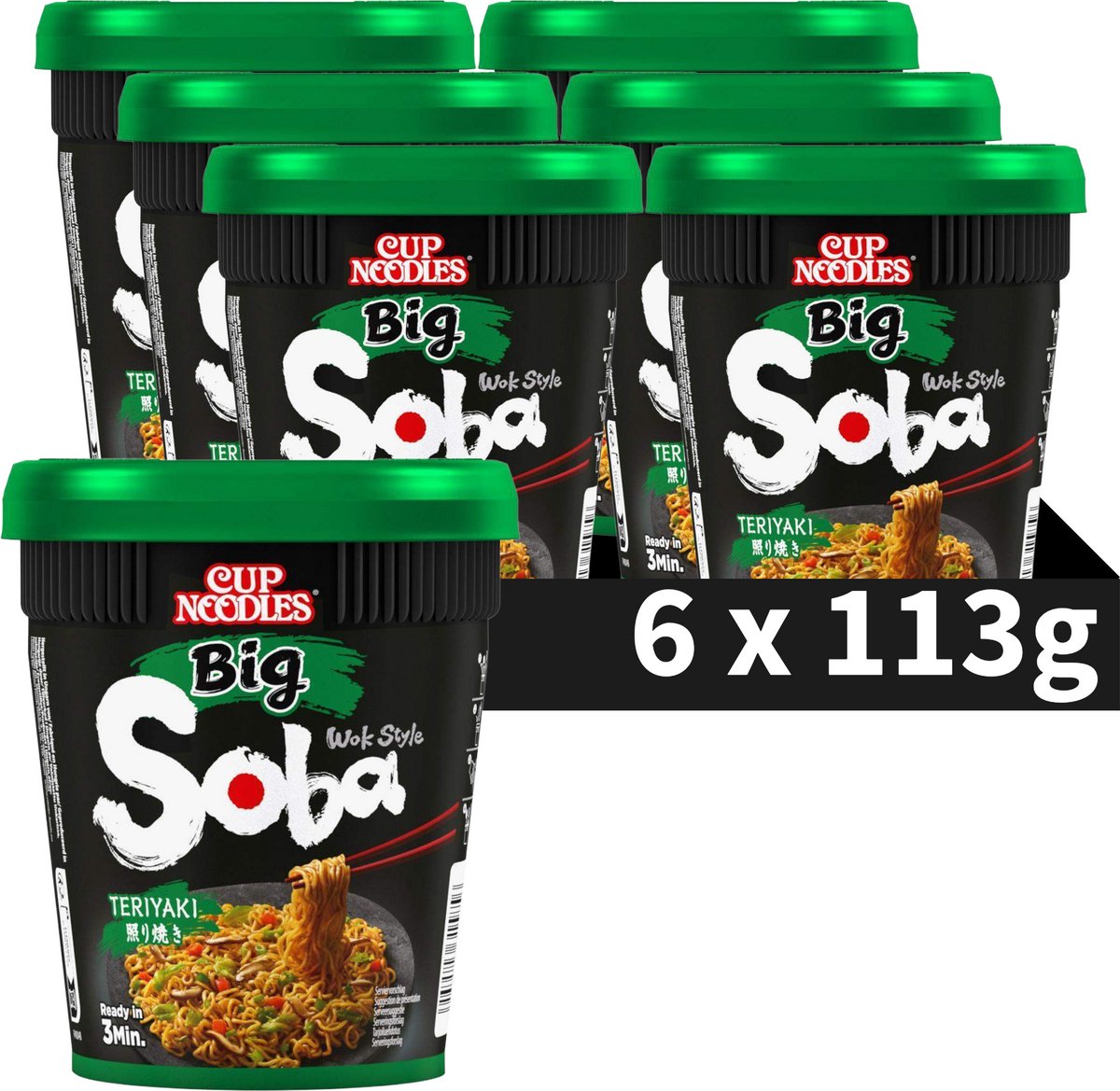 Nissin Soba Cup Nudeln groß – Nudeln im Teriyaki-Wok-Stil – Instantnudeln – 6 x 113 Gramm