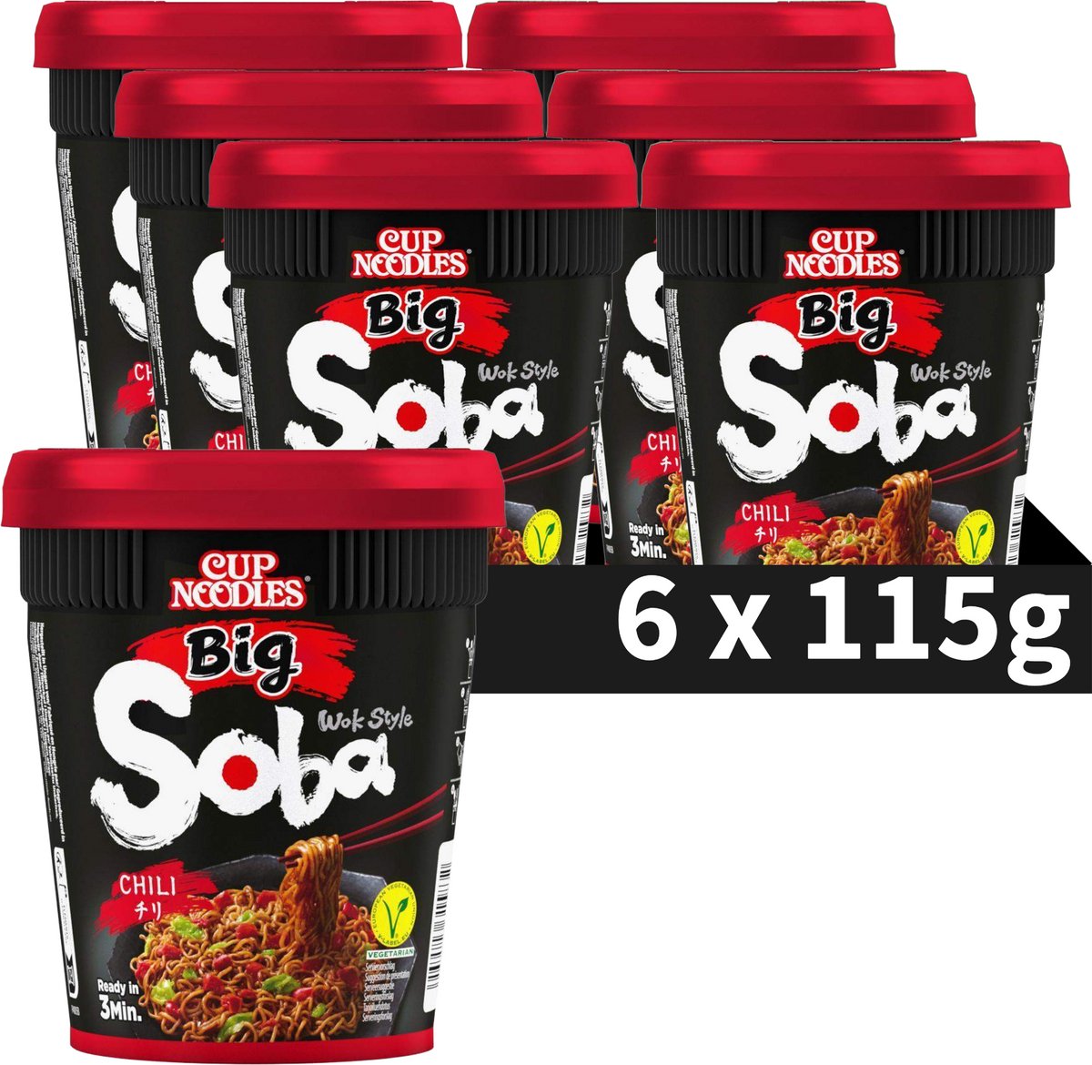 Nissin Soba Cup Nudeln groß – Nudeln im Chili-Wok-Stil – Instantnudeln – vegan – 6 x 115 Gramm
