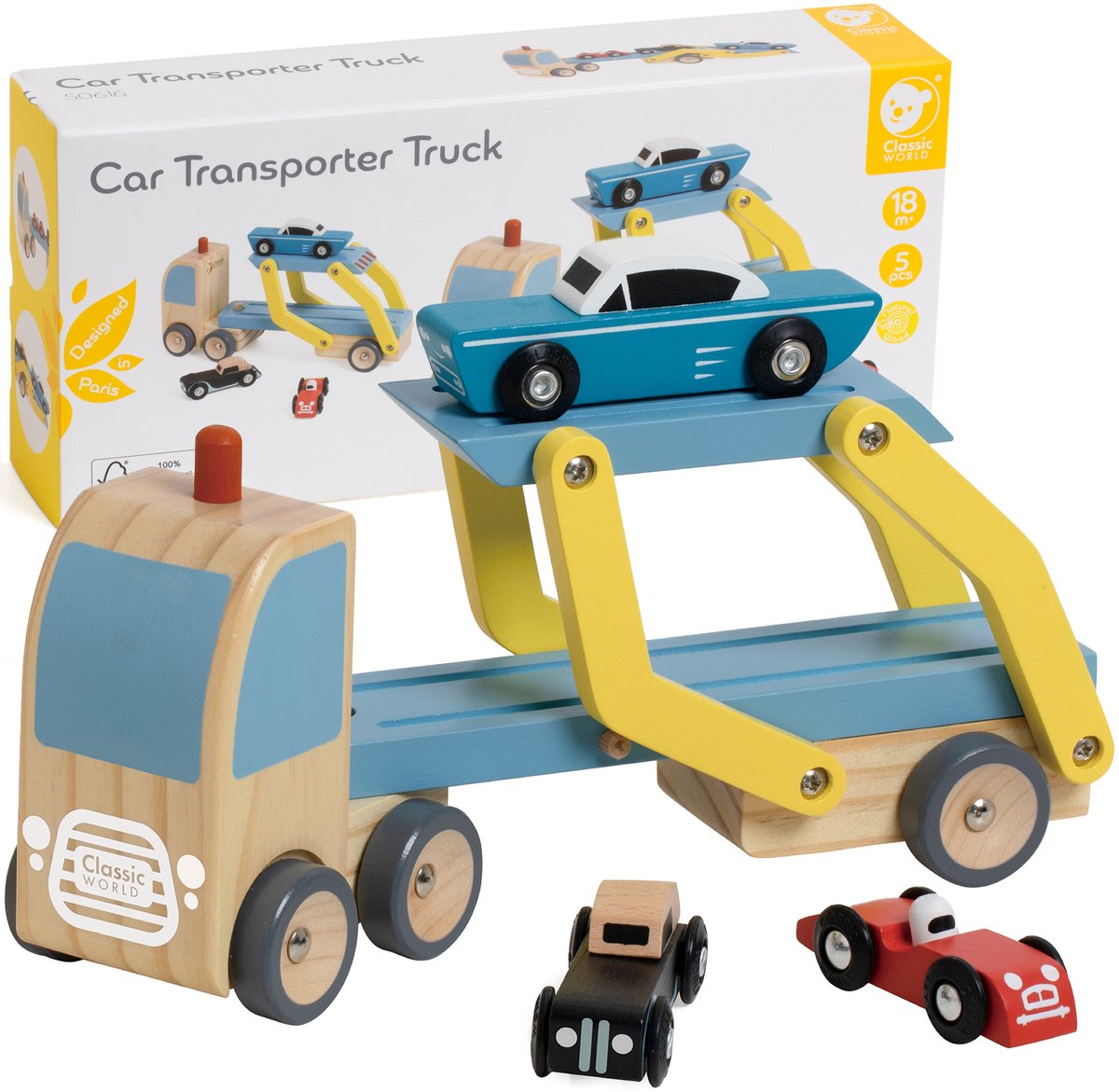 Klassischer Welttransporter aus Holz mit 3 Autos