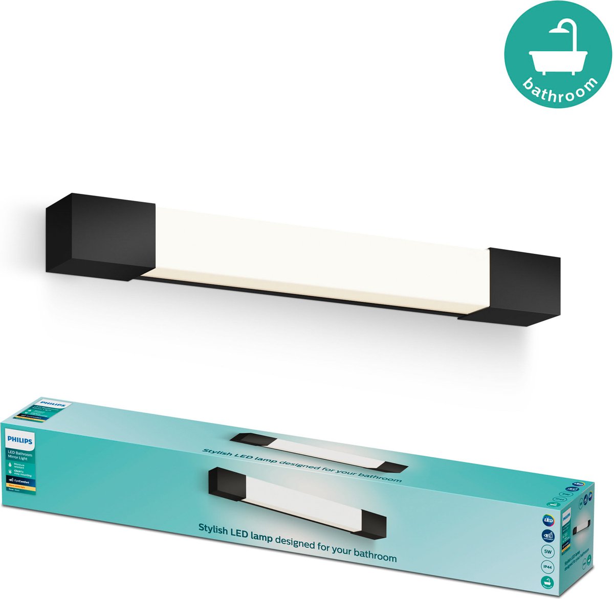 Philips led philips rover spiegelverlichting - spatwaterdicht ip44 - 5w - warmwit licht - badkamerlamp - rechthoekig - zwart