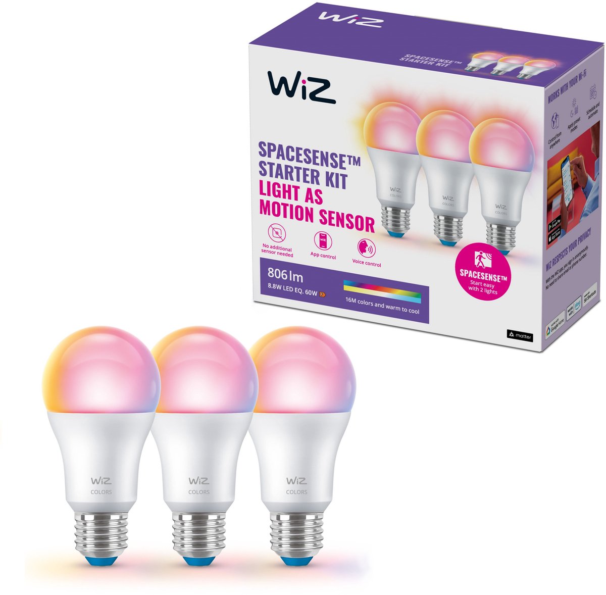Wiz lamp 3-pack - slimme led-verlichting - warm- tot koelwit licht - e27 - 60w - mat - wi-fi